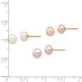 14k 6-7mm Button Freshwater Cultured Pearl Boxed 3 pair Post Earrings Set